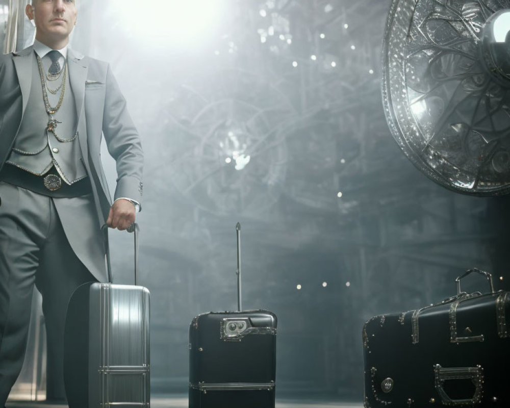 Man in Suit with Luggage in Dramatic Industrial Room