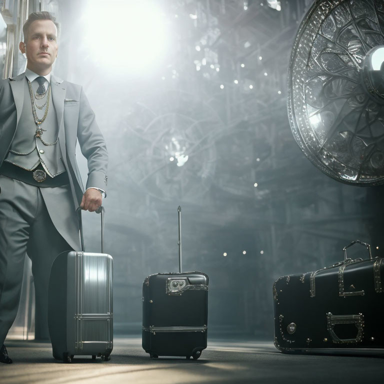 Man in Suit with Luggage in Dramatic Industrial Room