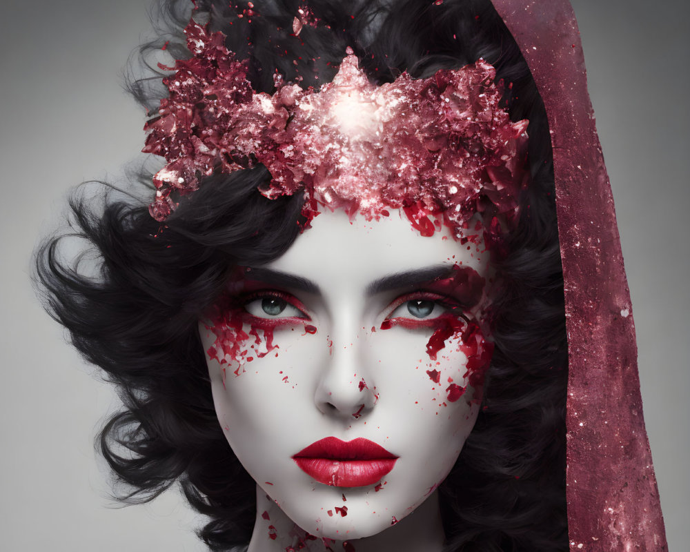 Woman with Splattered Red Paint Makeup and Crown of Red Splashes