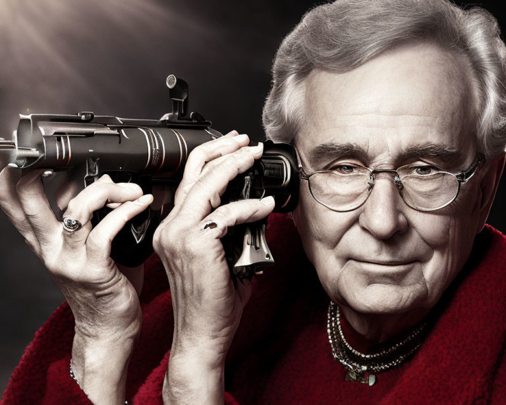 Elderly person with glasses aiming rifle in red garment on dark background