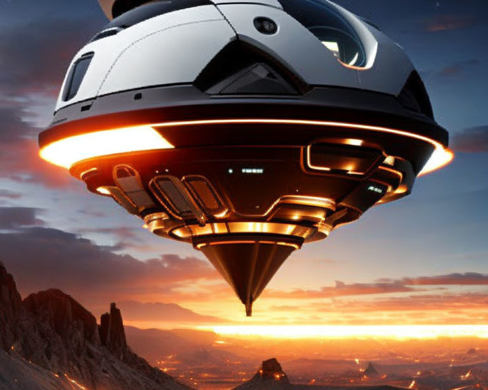 Futuristic spacecraft in dusk sky over mountainous landscape