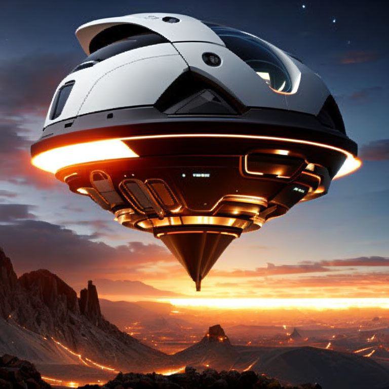 Futuristic spacecraft in dusk sky over mountainous landscape