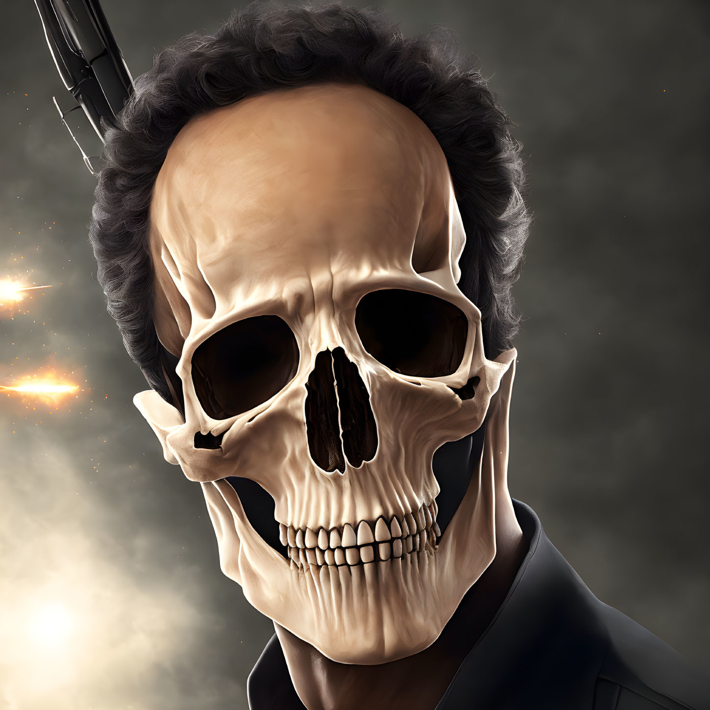 Stylized digital portrait blending human features with skull and gun barrel backdrop