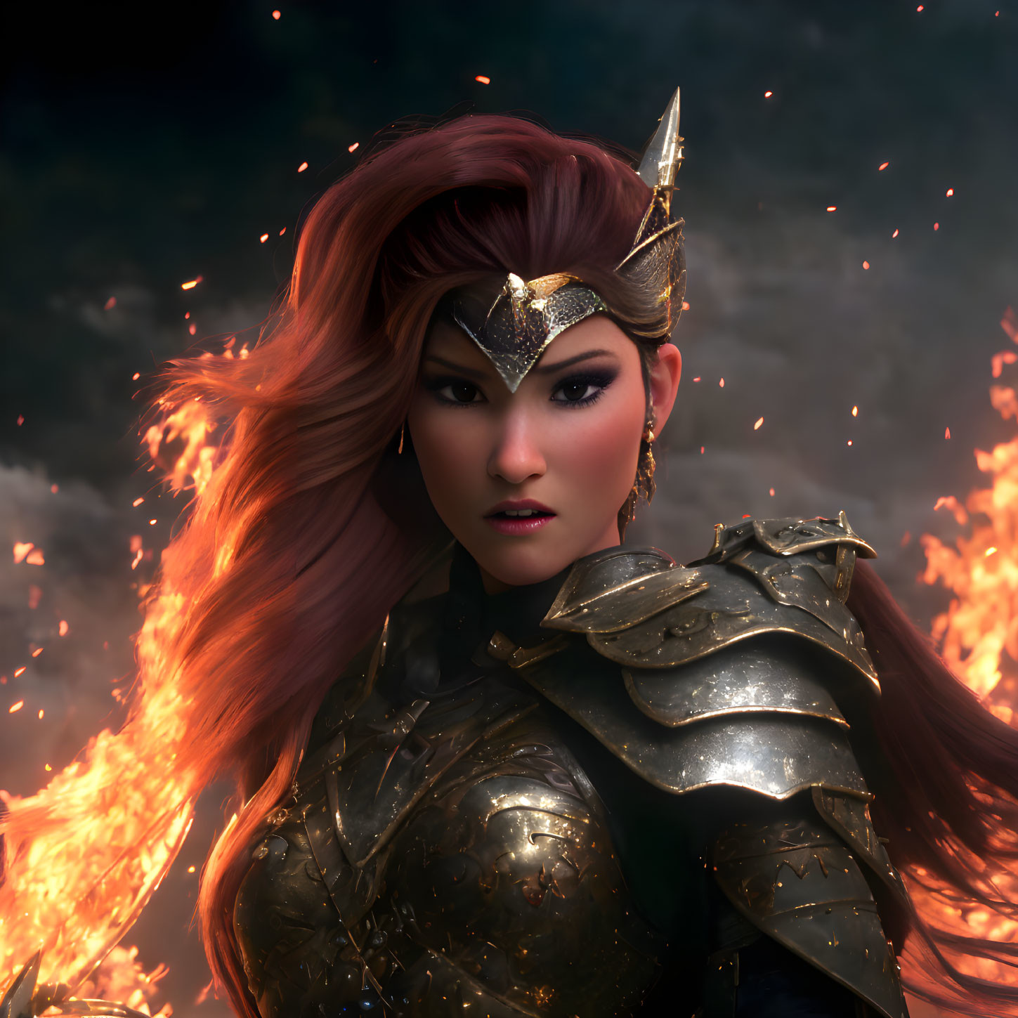 Red-Haired Warrior in Golden Armor Amidst Swirling Flames