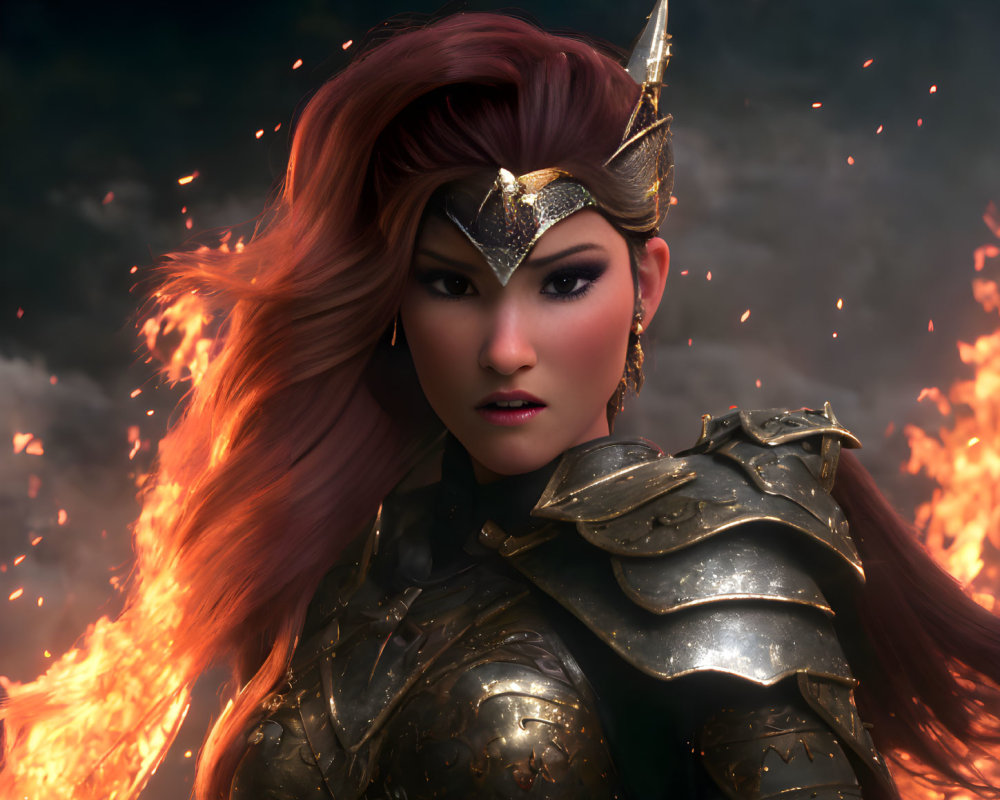 Red-Haired Warrior in Golden Armor Amidst Swirling Flames