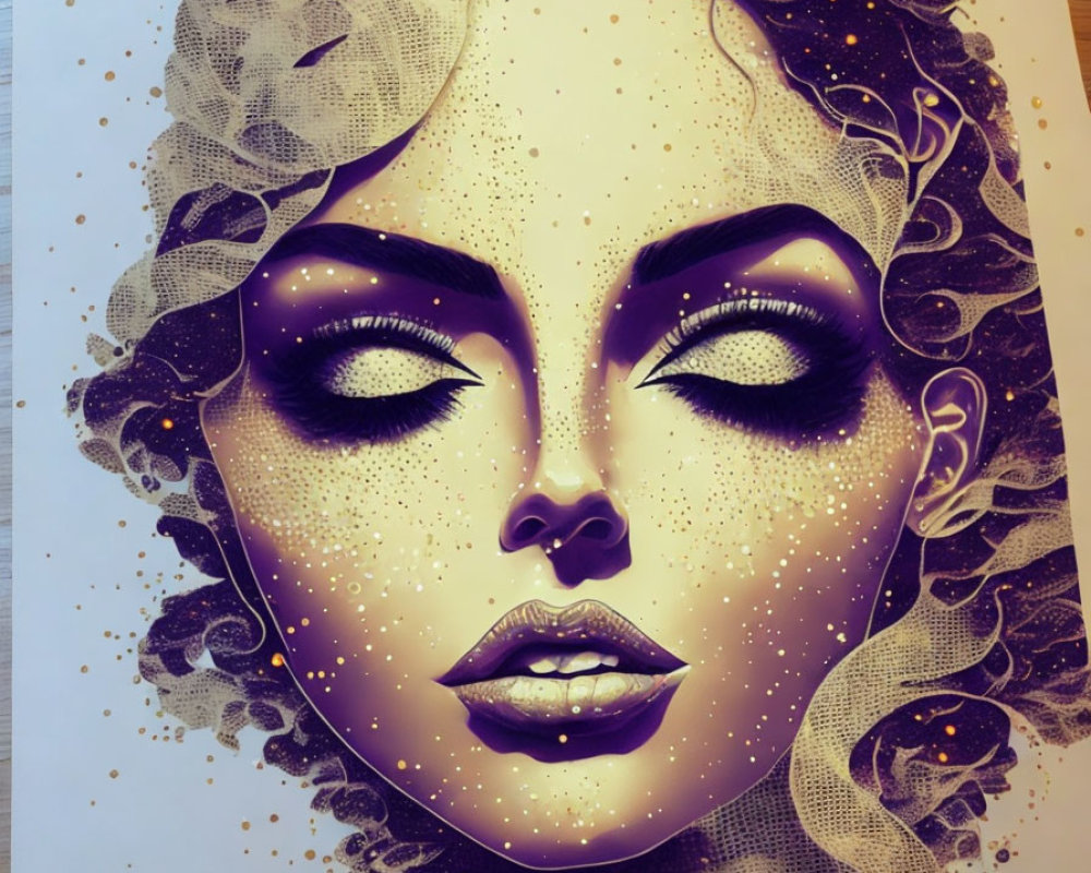 Stylized portrait of a woman with purple skin and star-like patterns