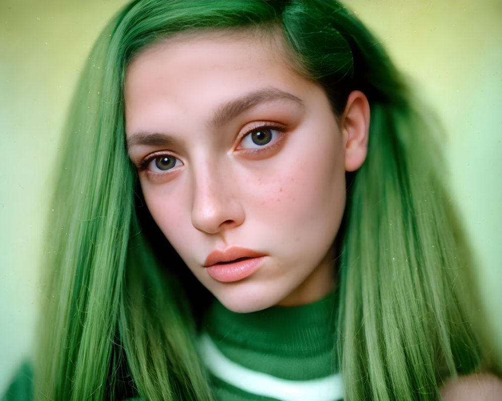 Portrait of person with long green hair and brown eyes in green attire against soft blurred background.