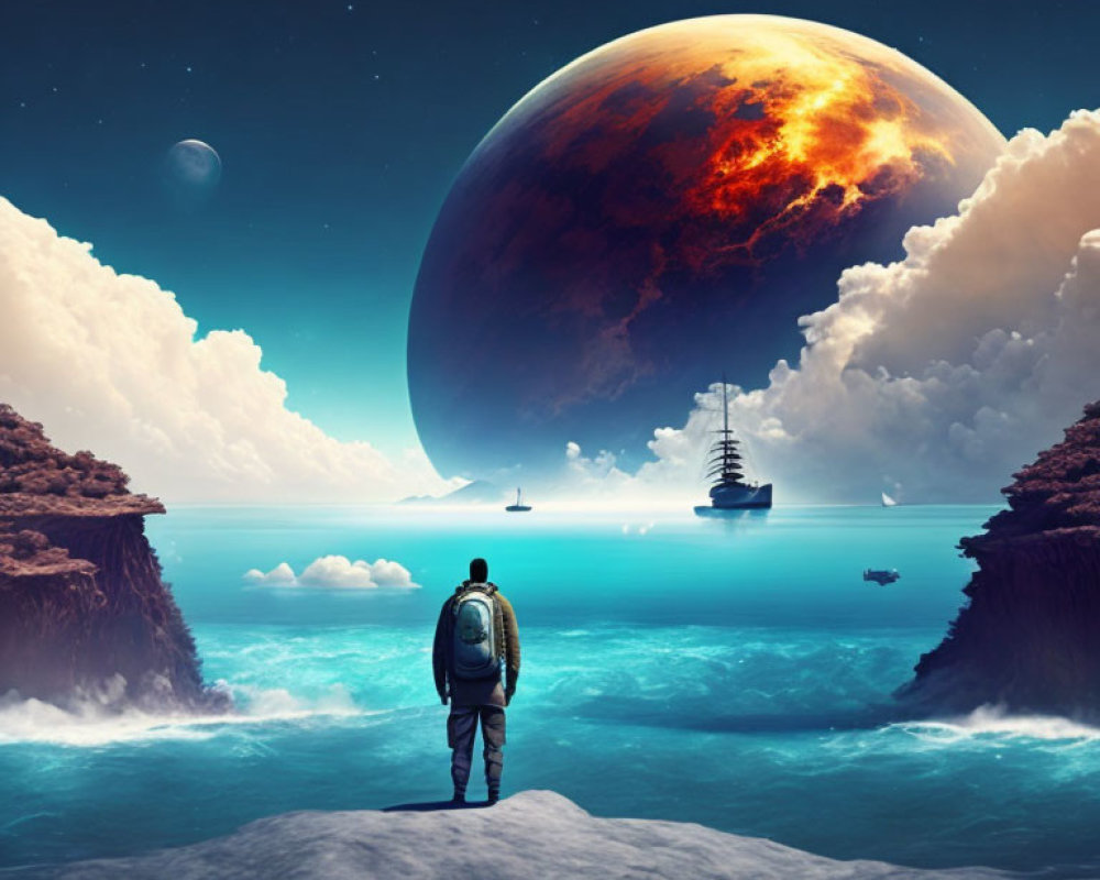 Person standing before surreal seascape with towering cliffs and colossal planet.