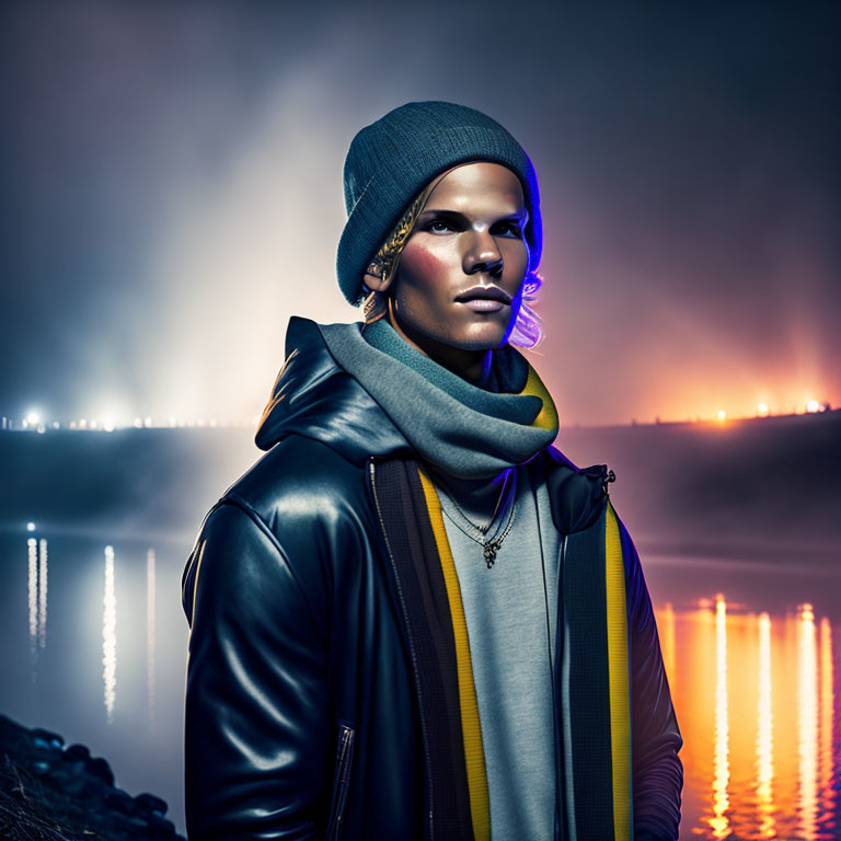 Fashionable individual in beanie and leather jacket by colorful waterfront lights