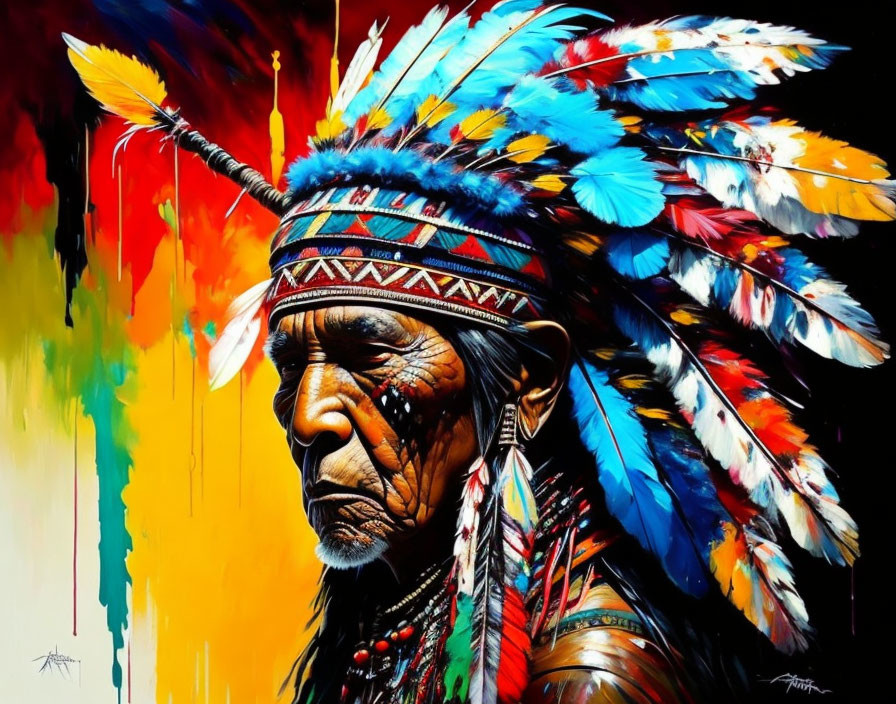 Native American man with feather headdress and face paint on vibrant background