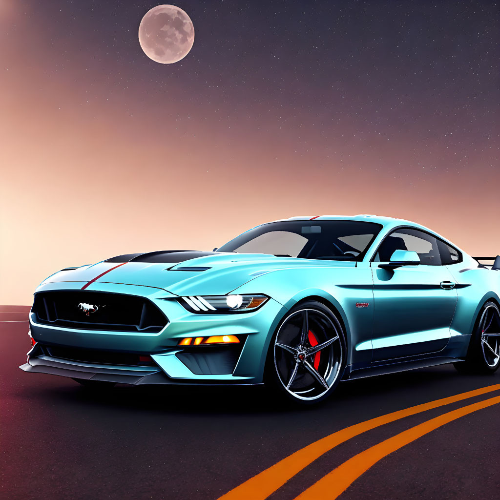 Blue Ford Mustang with Racing Stripes Under Full Moon at Dusk