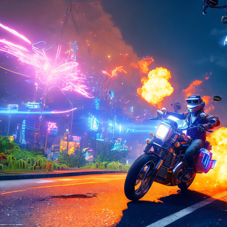 Futuristic motorcyclist in dynamic cityscape at night with neon signs and explosions