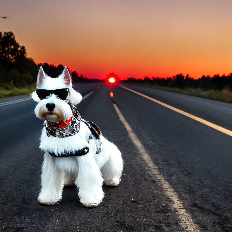 White Dog in Sunglasses and Bandana Stands on Road at Sunset