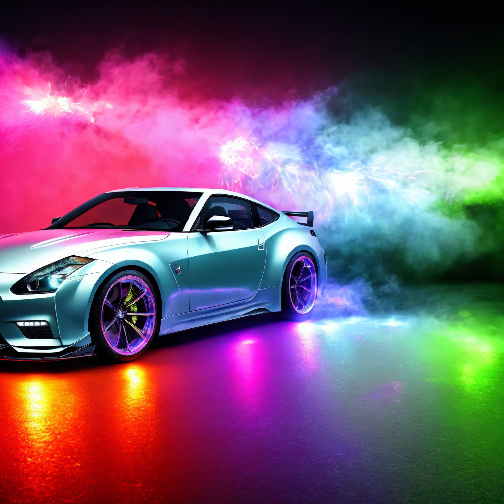 Silver sports car with colorful smoke effects and reflection on glossy surface