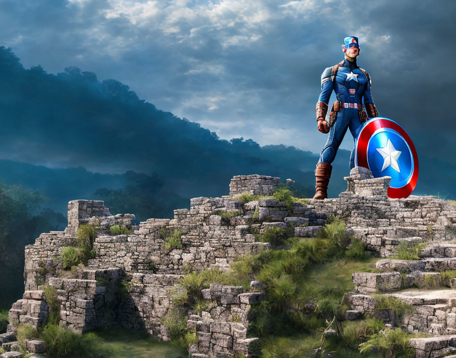 Heroic costumed character on ancient stone ruins under dramatic sky