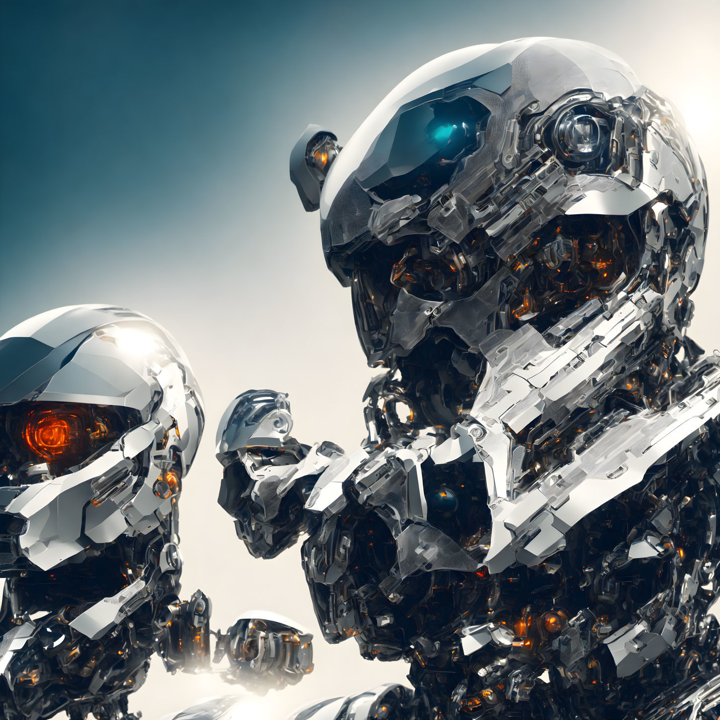 Detailed Robots with Glowing Eyes on Blue Sky