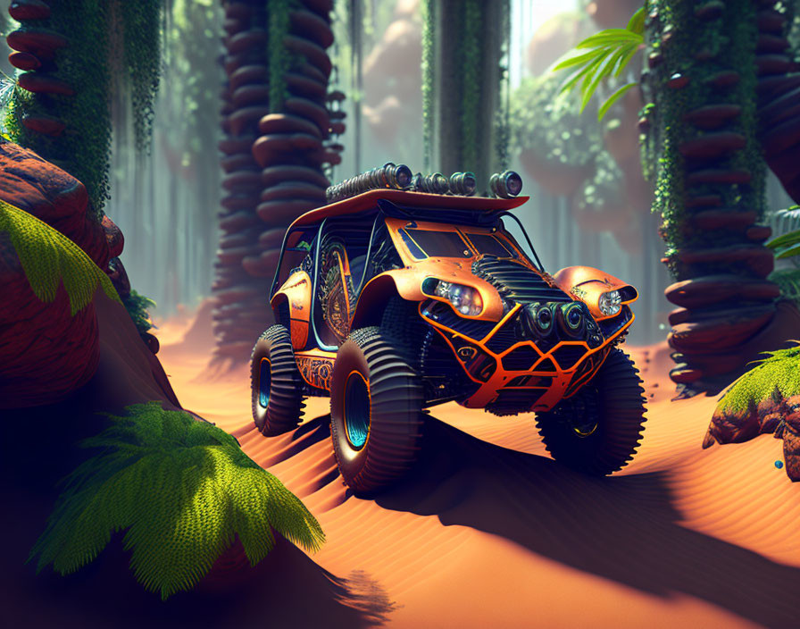 Colorful off-road buggy in intricate design parked in lush alien forest