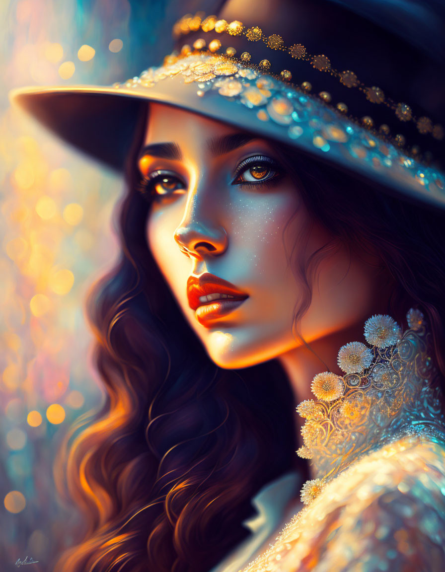 Woman portrait with sparkling adornments, hat, intricate collar, and warm bokeh background.