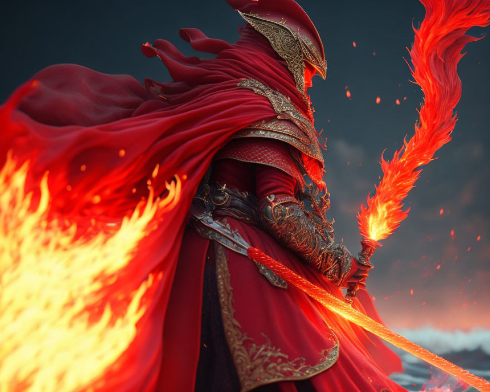 Majestic figure in red armor wields fiery sword amid dramatic clouds