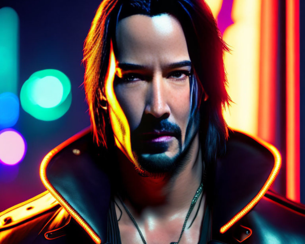 Man with Long Hair and Beard in Black Leather Jacket on Neon Background