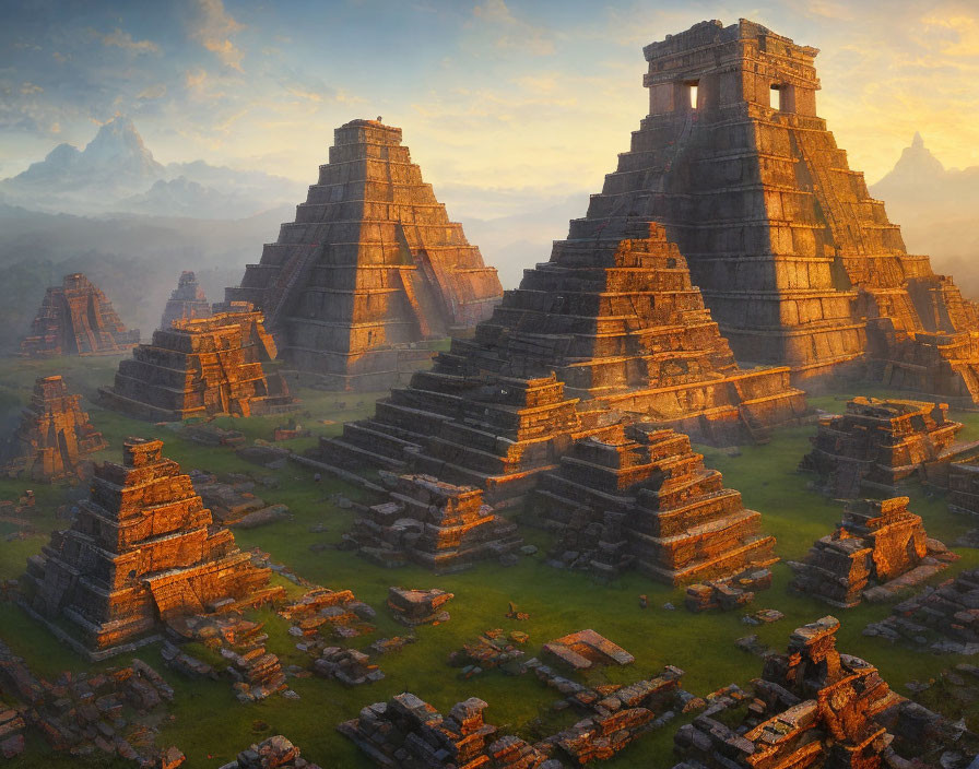 Ancient Mesoamerican Pyramids at Sunrise in Misty Jungle