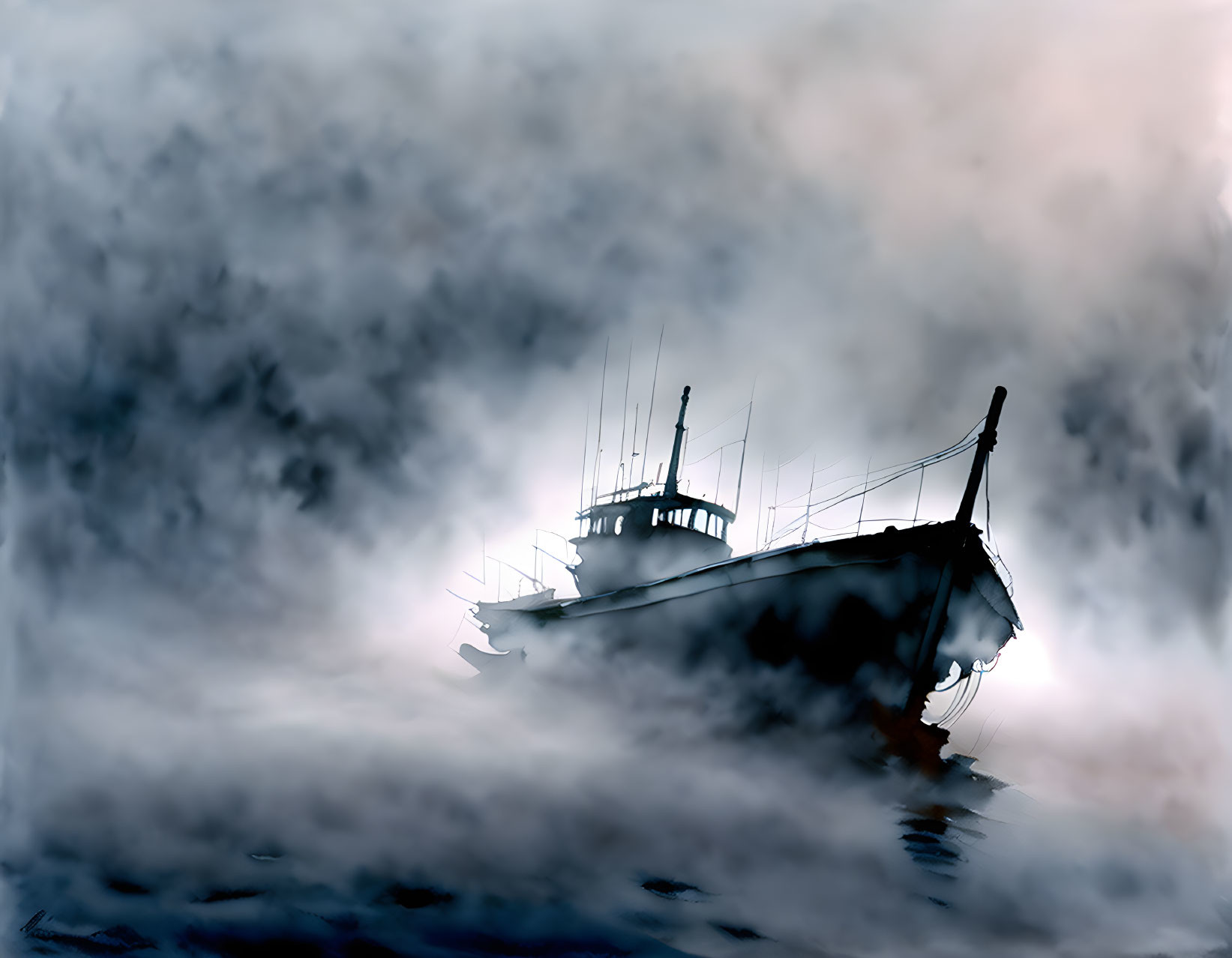 Ghostly ship emerges from dense fog on moody blue-gray backdrop