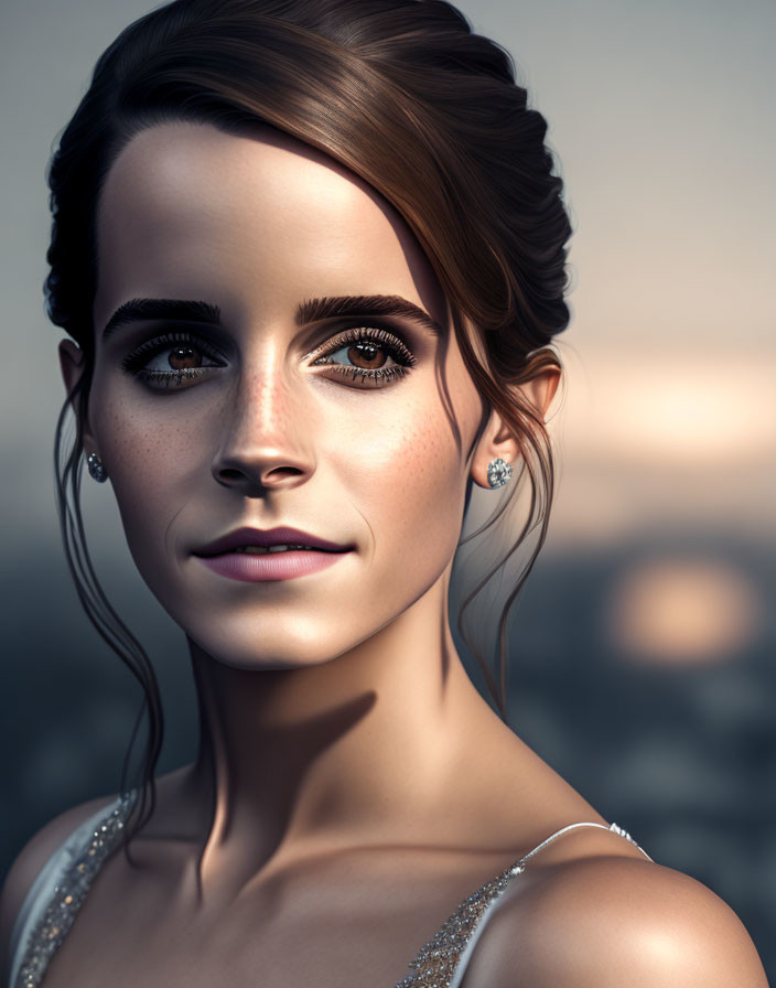 Portrait of woman with braided updo and sparkling earrings against sunset backdrop