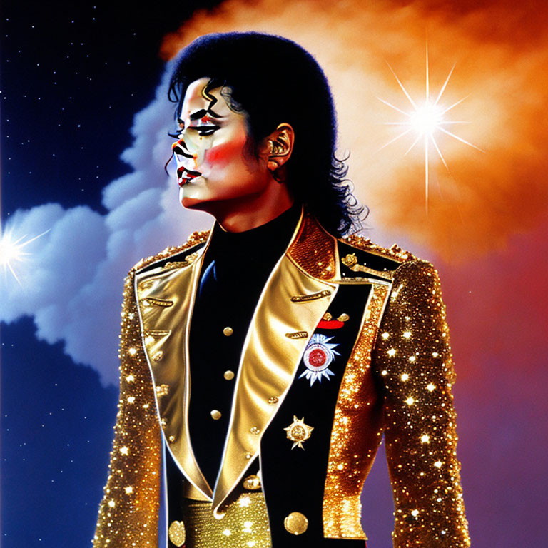 Vibrant portrait of person in gold and black military-style jacket against cosmic backdrop