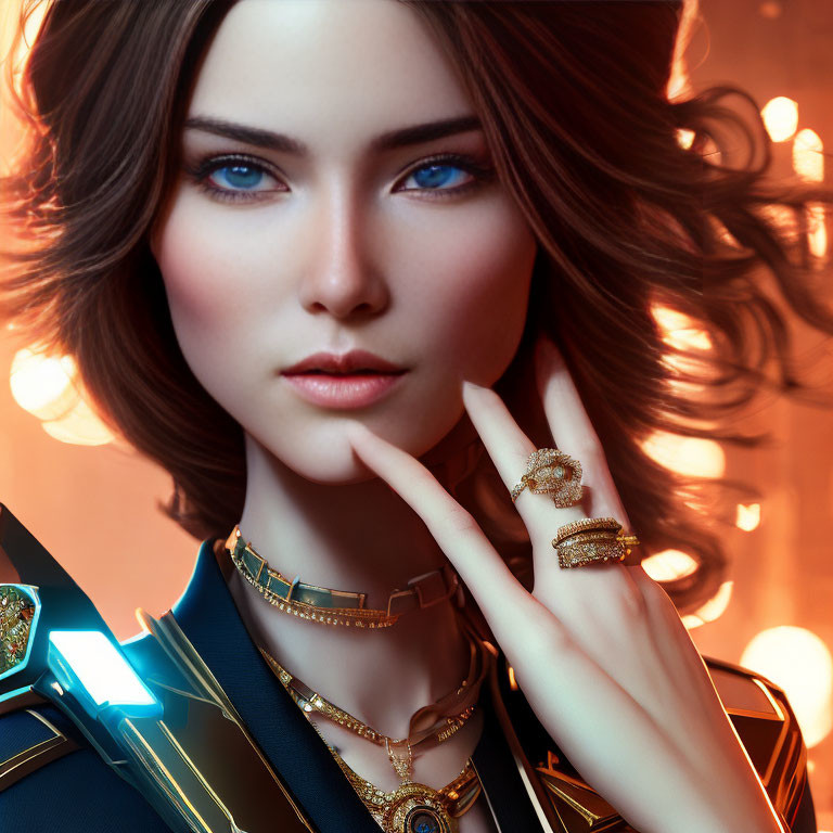 Digital artwork: Woman with blue eyes, wavy brown hair, gold jewelry, futuristic outfit.