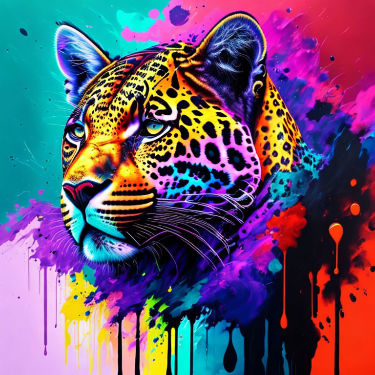 Colorful Leopard Head Artwork with Vibrant Splashes and Drips