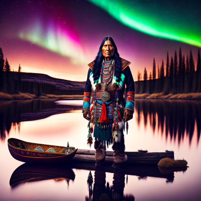 Indigenous person in elaborate attire by serene lake with aurora borealis sky