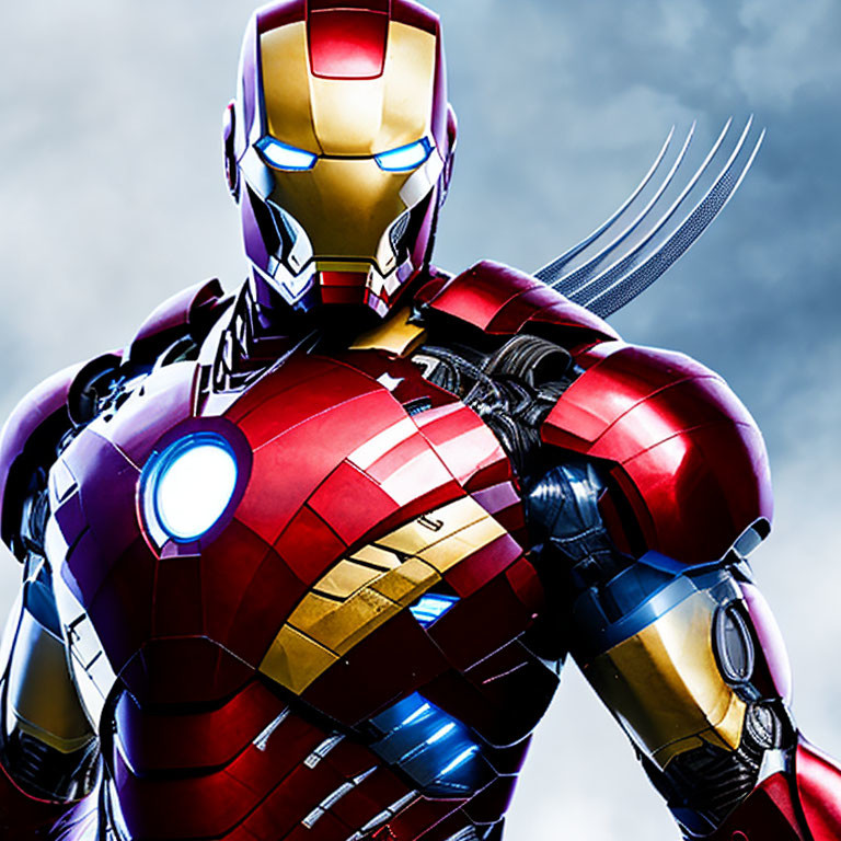 Red and Gold Iron Man Suit with Arc Reactor on Chest in Cloudy Sky Background