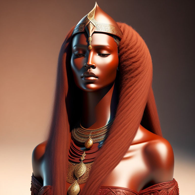 Bronze-skinned woman with golden headpiece on gradient backdrop