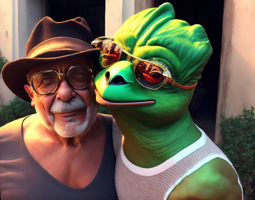 Elderly man in glasses takes selfie with green alien in sunglasses