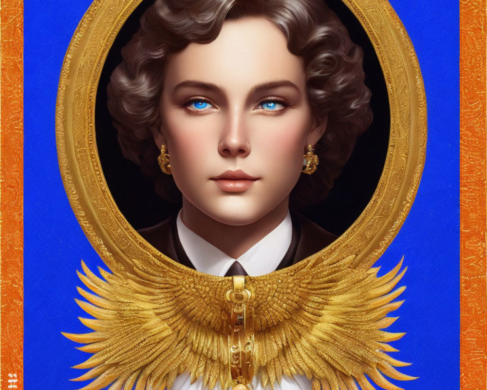 Portrait of woman with blue eyes, curly hair, gold and blue frame, eagle wings, medall