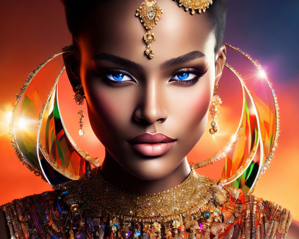 Portrait of woman with blue eyes, golden head jewels, hoop earrings, and sequined outfit against warm