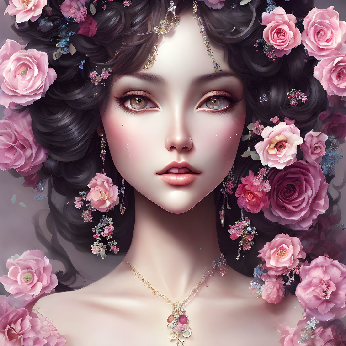 Fantasy Female Character Digital Portrait with Large Eyes and Floral Headpiece