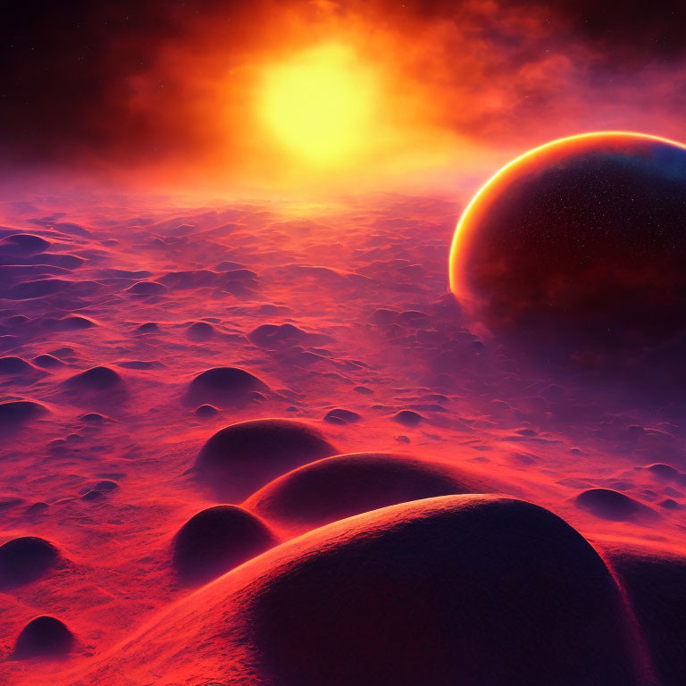 Glowing sun illuminates alien landscape with large planet in sky