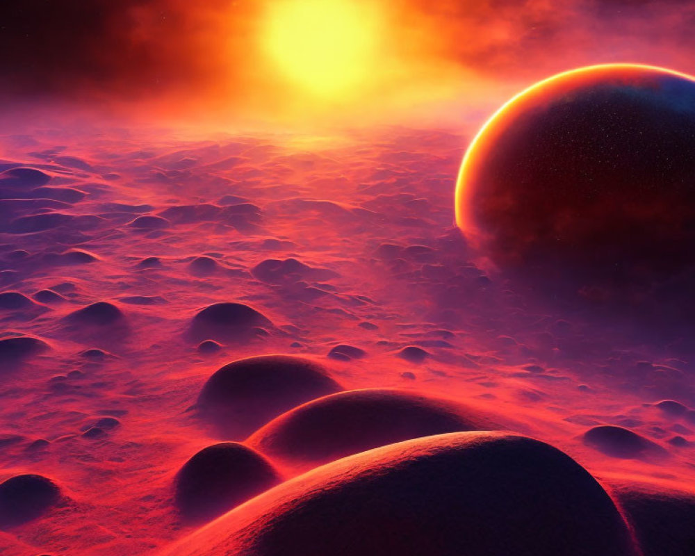 Glowing sun illuminates alien landscape with large planet in sky