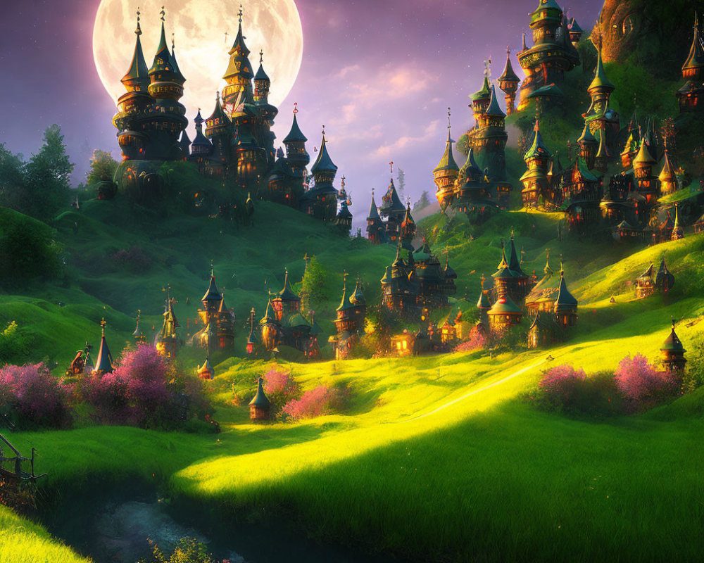 Fantasy landscape with oversized moon, illuminated castles, rolling hills, and lush greenery.