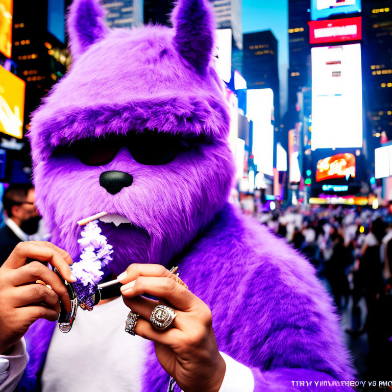 Vibrant purple furry costume with wolf-like head holding sunglasses in Times Square.