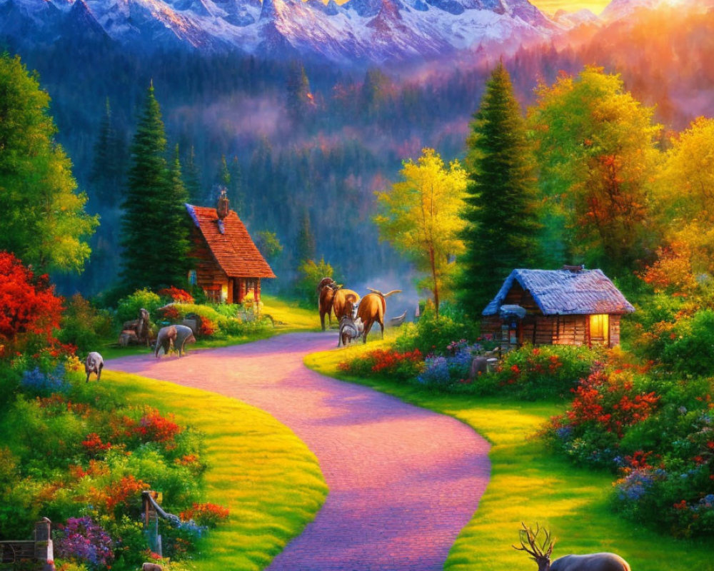 Scenic landscape with winding path, cottage, mountains, wildlife, lush greenery at sunset