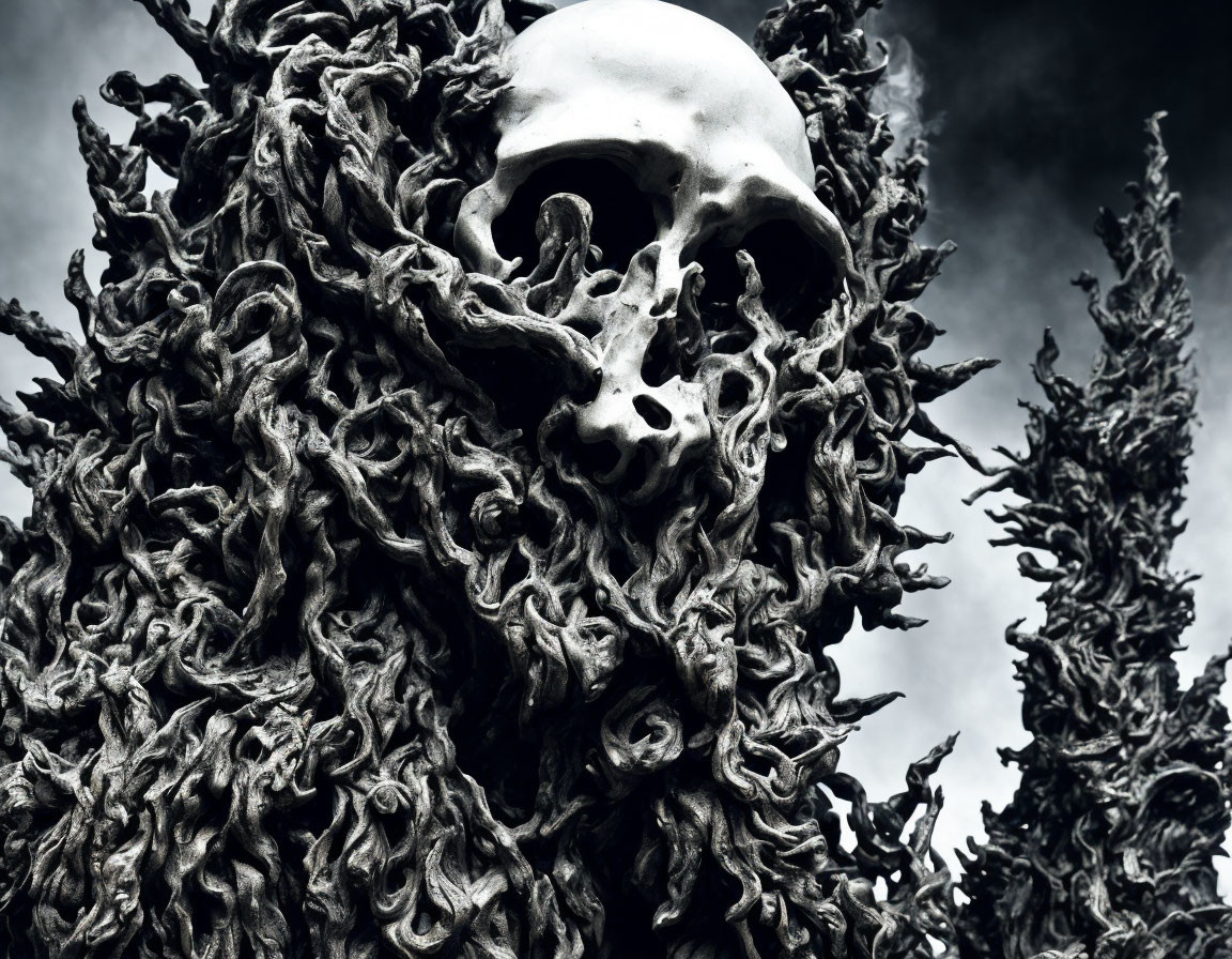 Detailed close-up of skull sculpture entwined in textured tendrils against cloudy sky