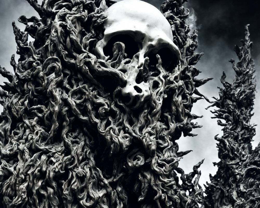 Detailed close-up of skull sculpture entwined in textured tendrils against cloudy sky