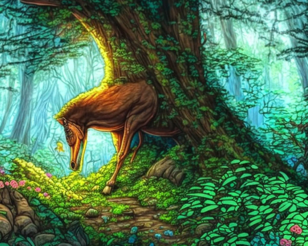 Enchanted forest with magical horse-like creature in lush greenery