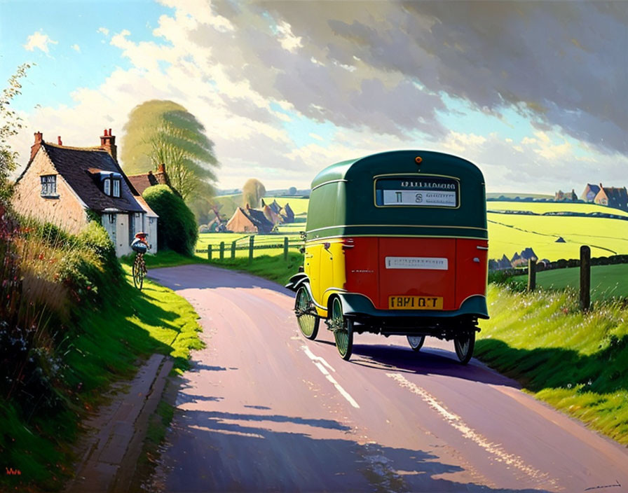 Vintage Green Bus, Cyclist, and Cottage on Rural Road