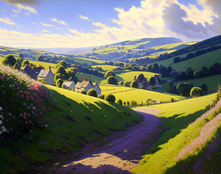 Scenic countryside with green hills, village, and wildflowers