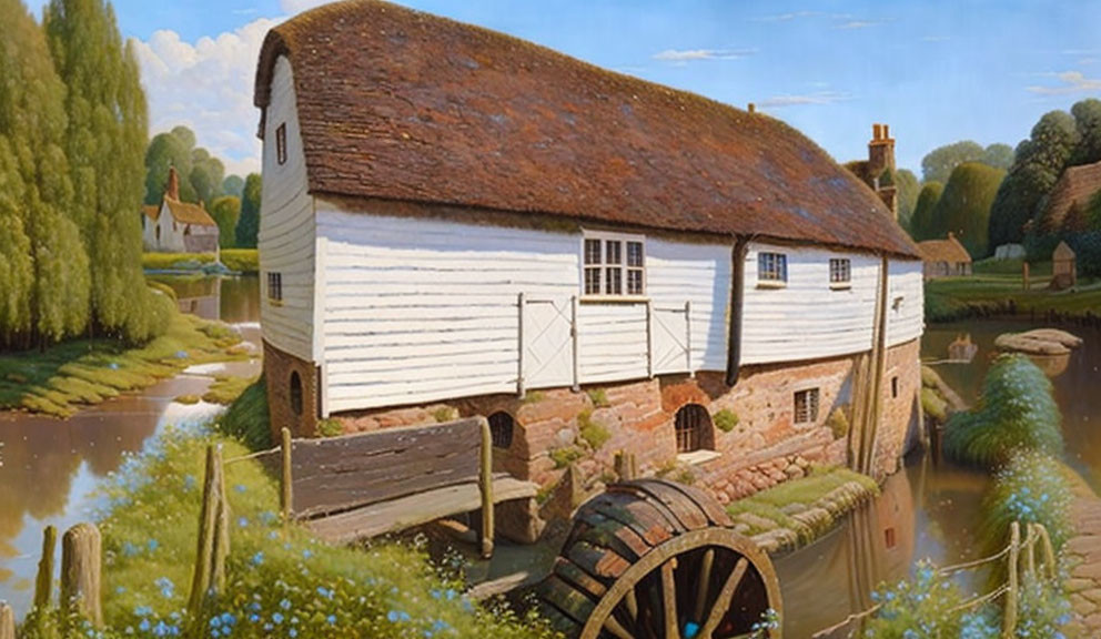 Serene pastoral landscape with quaint watermill