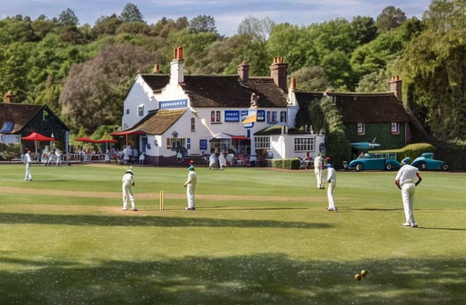 Tranquil cricket match near English pub on sunny day