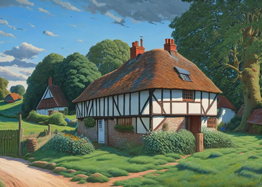 Half-Timbered Thatched Cottage in Rural Setting with Greenery